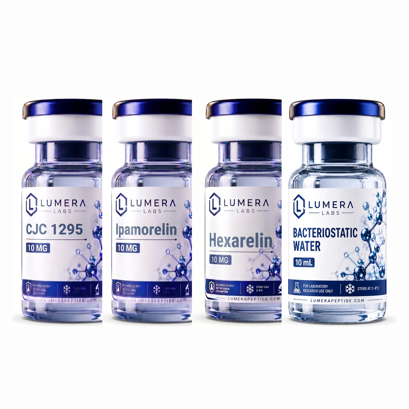 Growth-Axis Kit: CJC-1295 No DAC 10 mg, Ipamorelin 10 mg, Hexarelin 10 mg, Bacteriostatic Water 10 ml vials