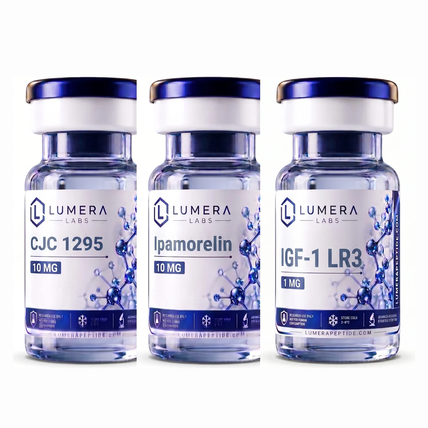 Sustained GH & Growth Factor Stack: CJC-1295 No DAC 10 mg, Ipamorelin 10 mg, IGF-1 LR3 1 mg vials